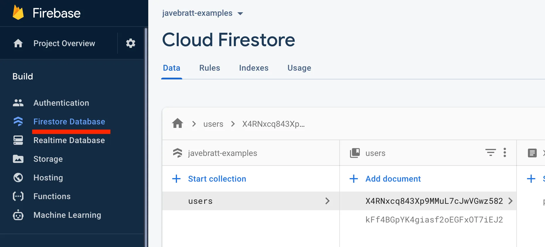 Firebase console showing firestore database