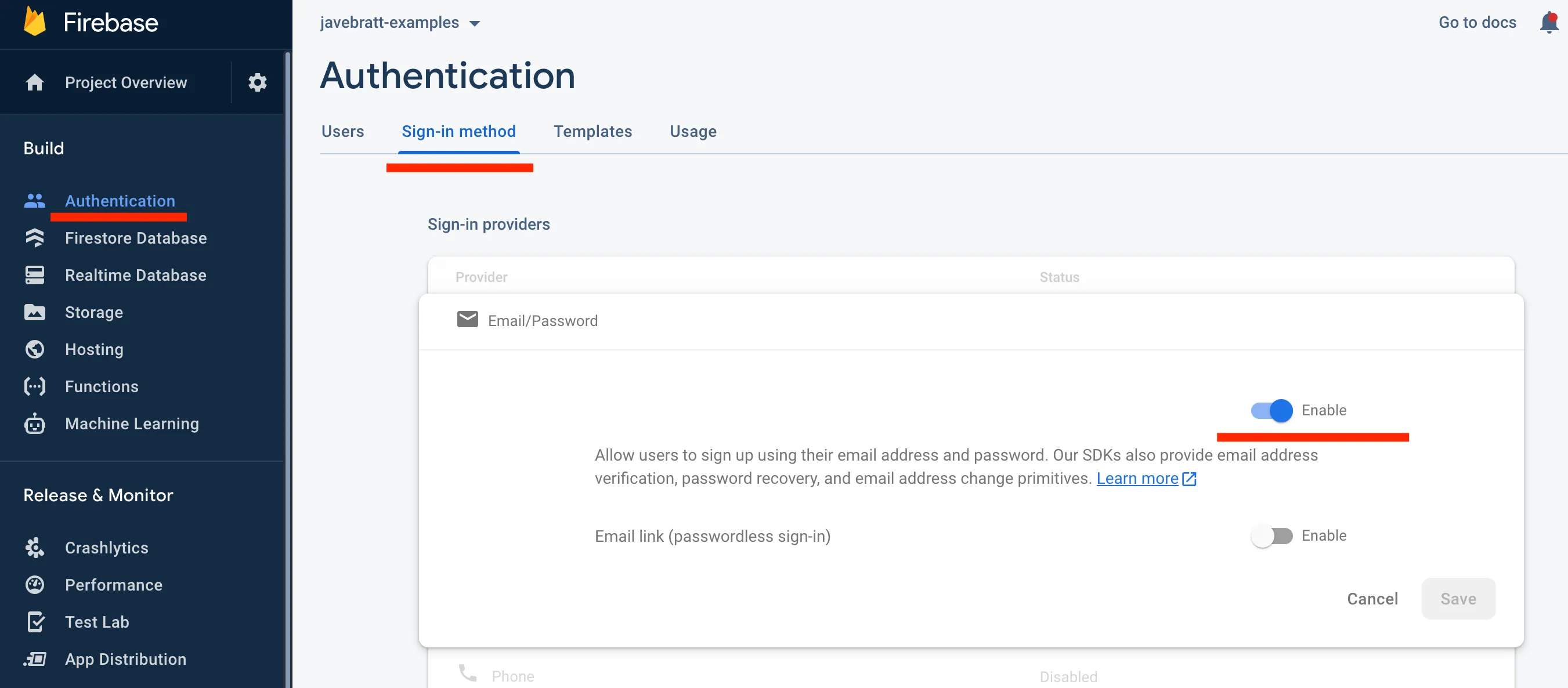 Firebase console showing different auth methods